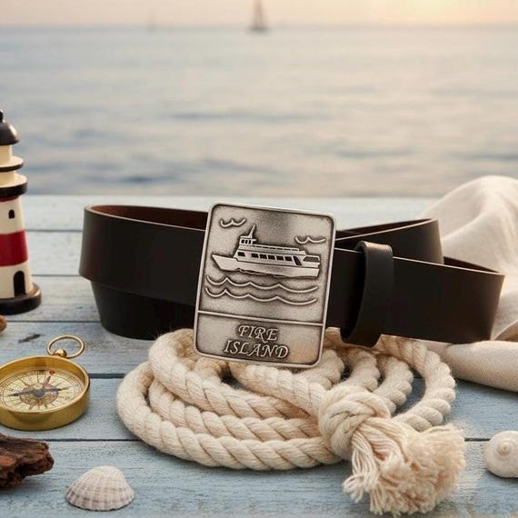 Fire Island Belt Buckle with Custom Leather Belt, Custom size and leather options, Fire Island Gift