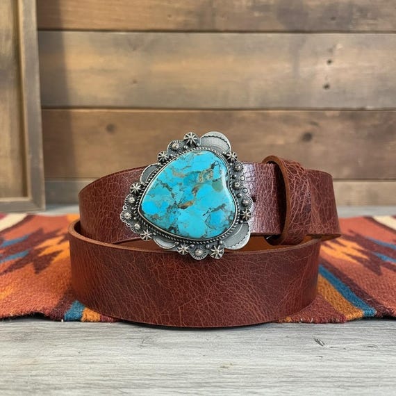 Southwestern Sterling Silver Turquoise Heart Belt Buckle – Handmade Leather Western Belt