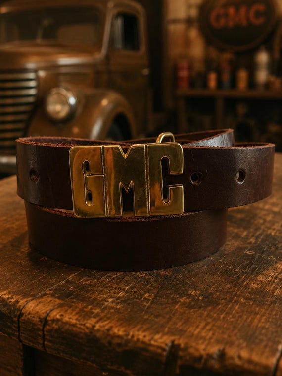 Vintage GMC Brass Belt Buckle with Custom Genuine Leather Belt | Classic Sports Car Gift | Vintage GMC Collector Buckle