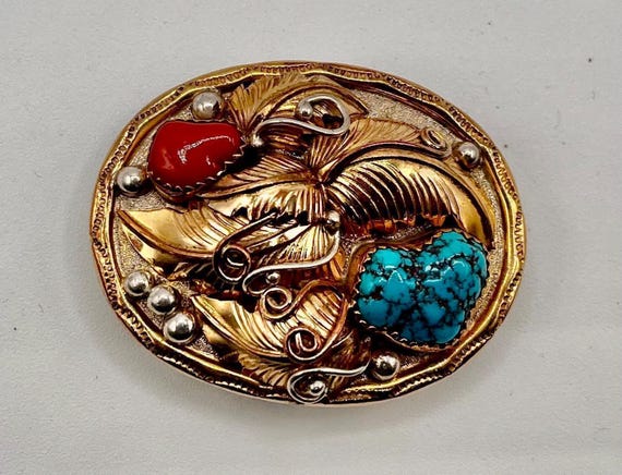 Navajo Belt Buckle: Turquoise Nuggets - Gold Filled and Sterling Silver