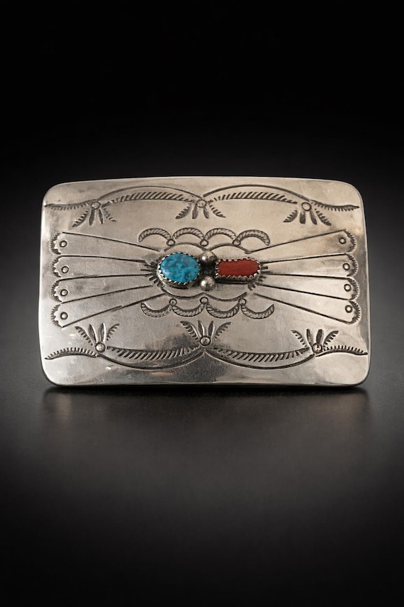 Vintage Sterling Silver Southwestern Belt Buckle Turquoise Coral Stampwork with Custom Genuine Leather Belt