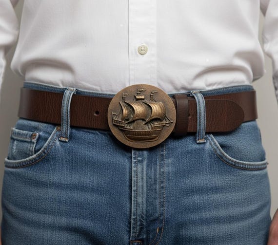 Sailboat Vintage Belt Buckle with Custom Genuine Leather Belt | Nautical Coastal Accessory for Boater | Gift for Him or Her
