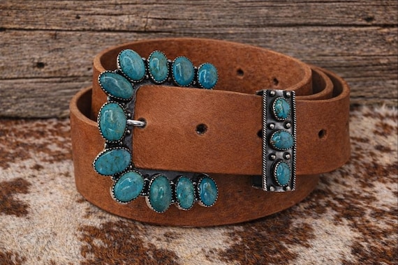 Southwestern Turquoise Belt Buckle with Custom Leather Belt – Sterling Silver Turquoise Buckle – Western Women’s Belt – Cowgirl Belt