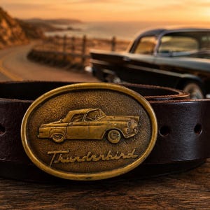 Vintage Thunderbird Belt Buckle with Handmade Genuine Leather Belt | Solid Brass Classic Car Buckle Gift | Custom Size Leather Belt |
