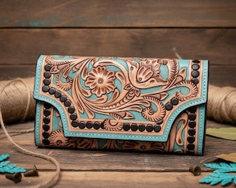 Women’s Leather Wallet: Hand Carved Design with Hair-on Cowhide