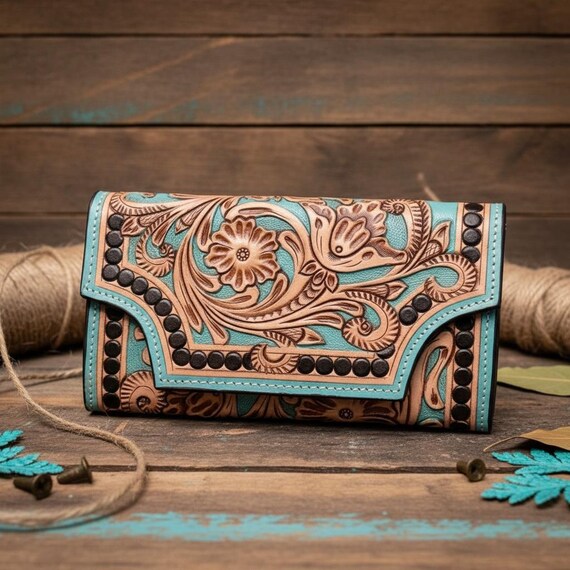 Women’s Leather Wallet: Hand Carved Design with Hair-on Cowhide