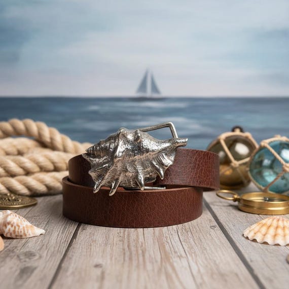 Conch Shell Belt Buckle with Custom Genuine Leather Belt | Nautical Coastal Accessory for Beach Lover | Gift for Her
