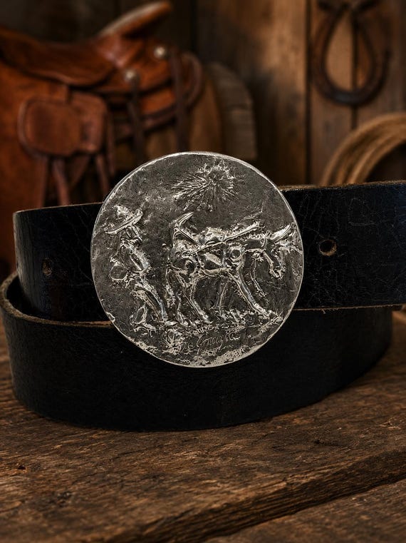 Vintage Remington Cowboy Belt Buckle with Genuine Leather Belt | Pewter Western Belt Buckle | Cowboy & Horse Equestrian Buckle | Western