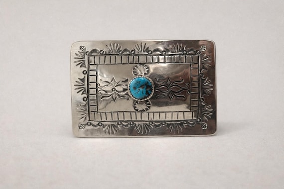 Navajo Turquoise Southwestern Belt Buckle – Hand Stamped Nickel Silver