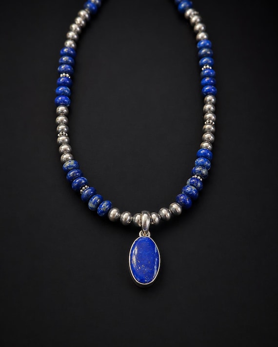 Lapis Pendant Necklace | Sterling Silver Navajo Pearl Necklace | 22” Southwestern Statement Jewelry