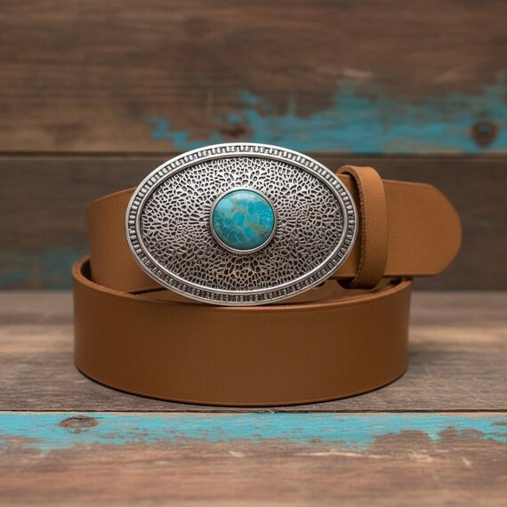 Southwestern Turquoise Belt Buckle with Custom Leather Belt – Sterling Silver Turquoise Buckle – Western Women’s Belt – Cowgirl Belt