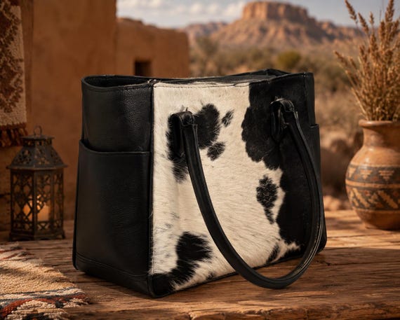 Genuine Cowhide Leather Tote Bag for Women | Western Boho Hair-On-Hide Handbag | Large Zip Tote Purse | Everyday Shoulder Bag