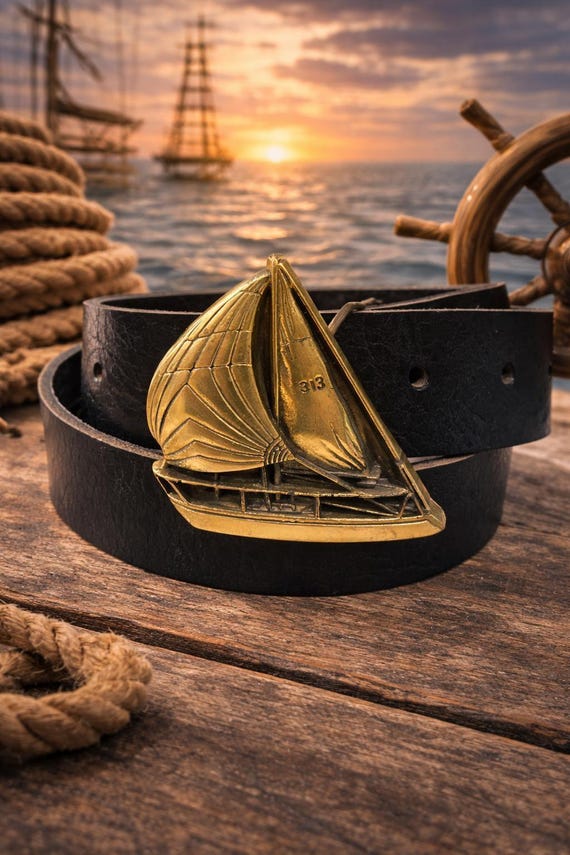 Vintage Sailboat Belt Buckle Solid Brass, Custom Genuine Leather Belt | Nautical Maritime Gift Coastal Ocean Lover