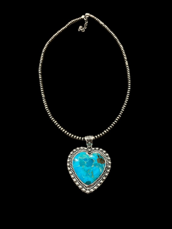 Turquoise Heart Necklace Southwestern Pendant, Sterling Silver Necklace
