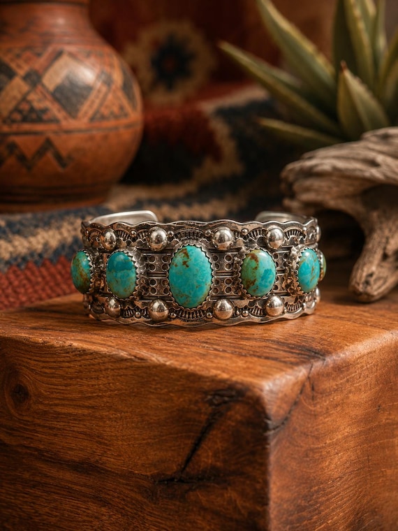 Sterling Silver Turquoise Bracelet: Southwestern Inspired (5 Stone Cuff)