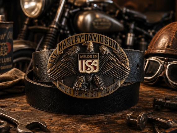 Vintage Harley-Davidson Eagle Belt Buckle - Raintree, with Handmade Genuine Leather Belt | Authentic Motorcycle Biker Collector Buckle