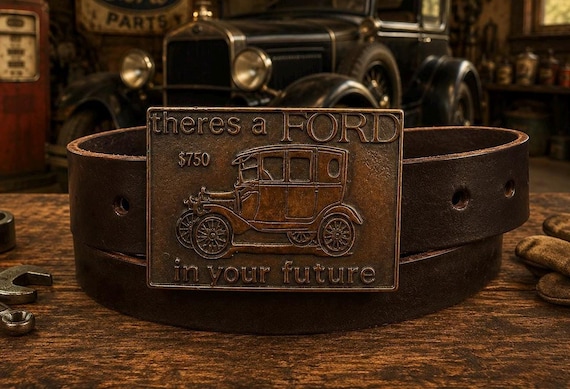Vintage Ford Model T Belt Buckle with Handmade Genuine Leather Belt | Solid Brass Collector Buckle | Classic Car Gift | Choice of Designs