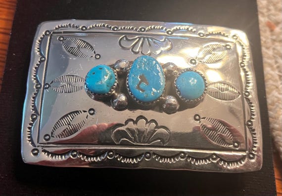 Genuine Navajo Nickel Silver Turquoise Concho Belt Buckle w/ Premium Custom Genuine Leather Belt