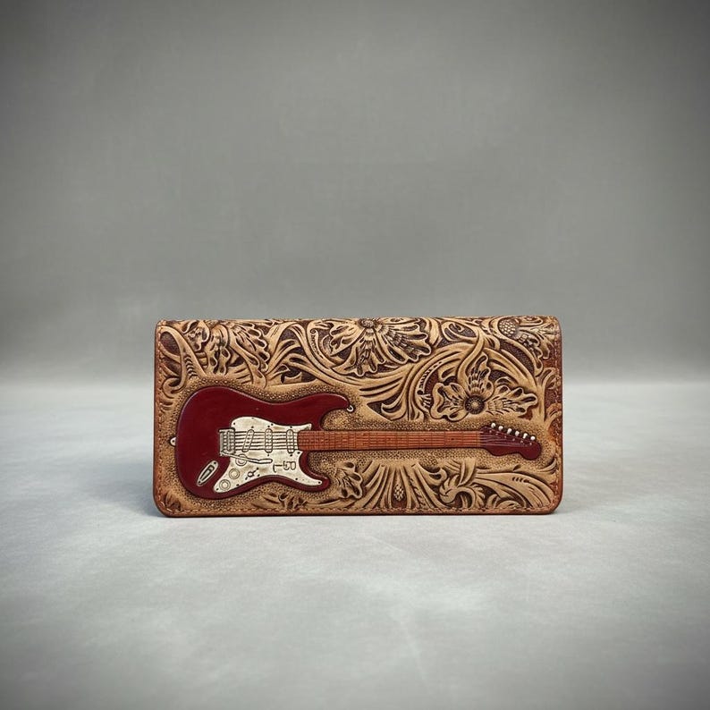 Men’s Leather Wallet, Guitar Wallet, Fender Stratocaster Hand Carved (Long with Brass Chain) image 1
