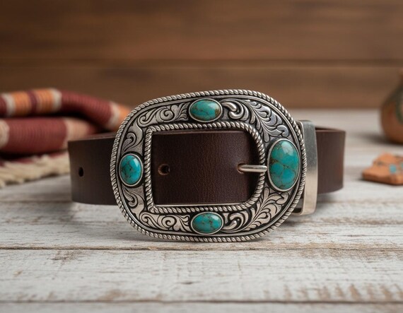 Four Stone Turquoise Matrix Ranger Buckle | White Brass Southwestern Belt Included