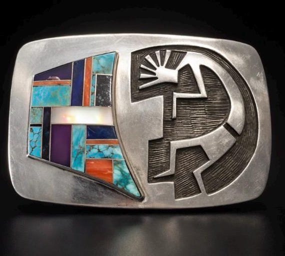 Vintage Southwestern Buckle Kokopelli Sterling Silver, Turquoise Coral Inlay, Southwestern Style - Signed T. Thomas, Custom Belt