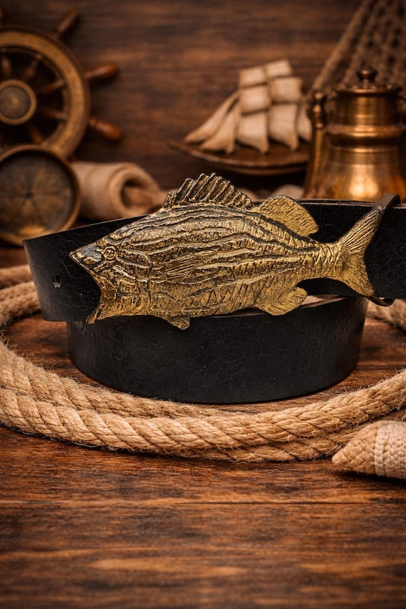 Vintage Fish Belt Buckle, Solid Brass | Custom Genuine Leather Belt | Nautical Fisherman Gift | Gift for Him