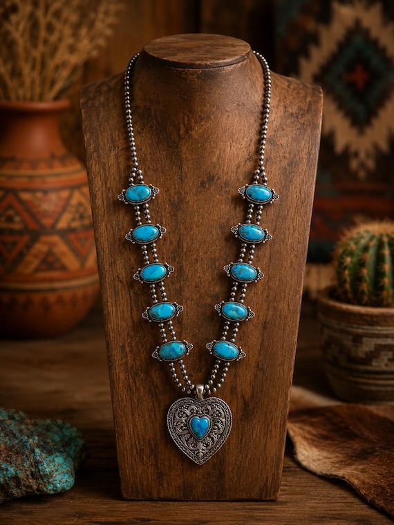 Luxury Sterling Silver Turquoise Squash Blossom Necklace, Heart Pendant Southwestern Statement Jewelry