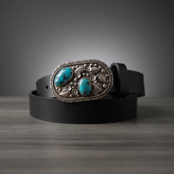 Vintage Sterling Silver Turquoise Belt Buckle – Southwestern Artisan ME Stamp with Custom Genuine Leather Belt