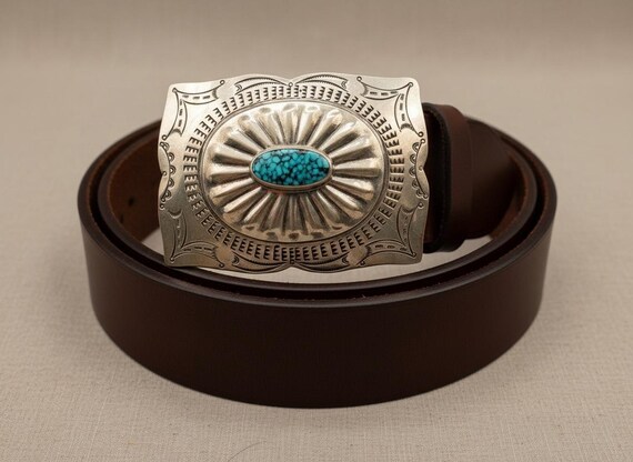 Vintage Sterling Silver Turquoise Belt Buckle with Handmade Leather Belt – Signed Tony Guerra – Native American Artisan Buckle – Coll