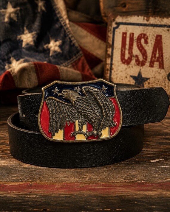 Vintage Patriotic Eagle Belt Buckle with Handmade Genuine Leather Belt | American Flag Eagle Buckle | Vintage Americana | USA Collectible