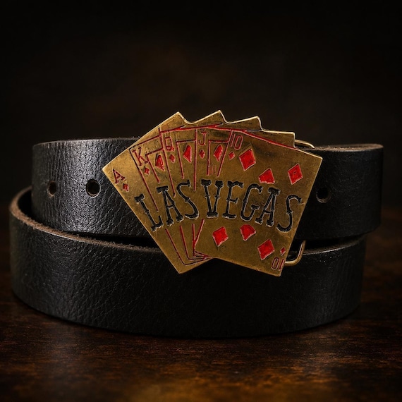 Poker Cards Royal Flush Belt Buckle with Handmade Leather Belt | Poker Player Gift | Casino Gambling Belt Gift