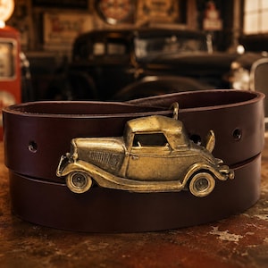 Vintage 1930s Ford Style Coupe Solid Brass Belt Buckle with Handmade Genuine Leather Belt | Classic Hot Rod | Vintage Automobile Gift