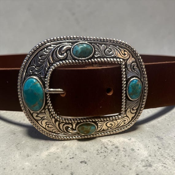 Four Stone Turquoise Matrix Ranger Buckle | Southwestern Boho Western Belt Buckle for Women | White Brass Handmade Leather Belt Included