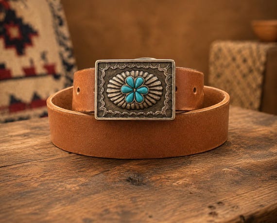 Vintage Sterling Silver Turquoise Cluster Belt Buckle – Southwestern Statement Buckle with Custom Leather Belt Various Options