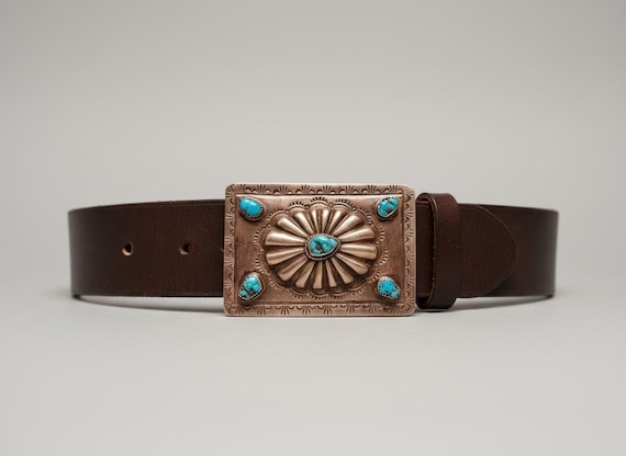 Vintage Sterling Silver Turquoise Belt Buckle with Custom Leather Belt – Handmade Southwestern Buckle
