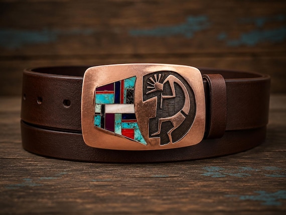 Sterling Silver Kokopelli Belt Buckle, Signed T. Thomas, Turquoise Coral Inlay Southwestern Buckle with Custom Genuine Leather Belt