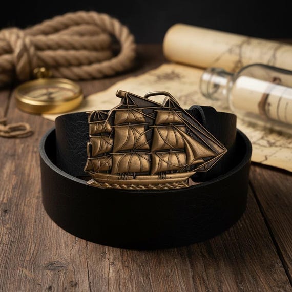 Sailboat Belt Buckle with Custom Leather Belt – Solid Brass Nautical Statement