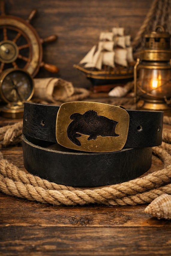 Vintage Fish Belt Buckle, Solid Brass | Custom Genuine Leather Belt | Nautical Fisherman Gift | Gift for Him