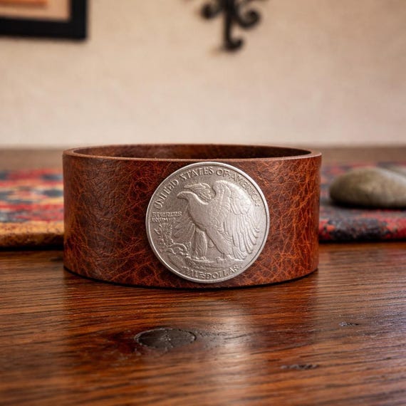 Half Dollar Coin Leather Cuff Bracelet | Western Buffalo Leather Jewelry