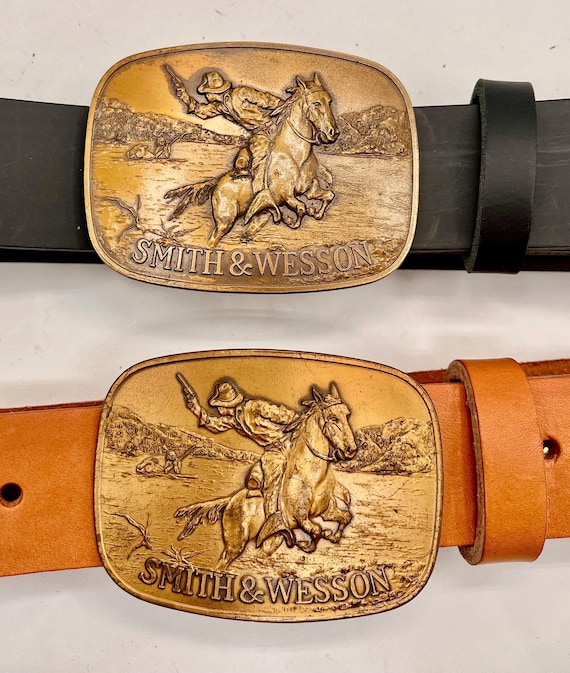Smith & Wesson Belt Buckle: Brass Trophy Design (Leather Strap Options)