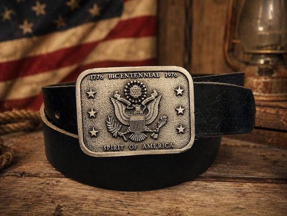 Vintage 1976 Bicentennial Spirit of America Pewter Belt Buckle with Bonfe Leather Belt | USA Eagle Patriotic Americana Gift, America 250