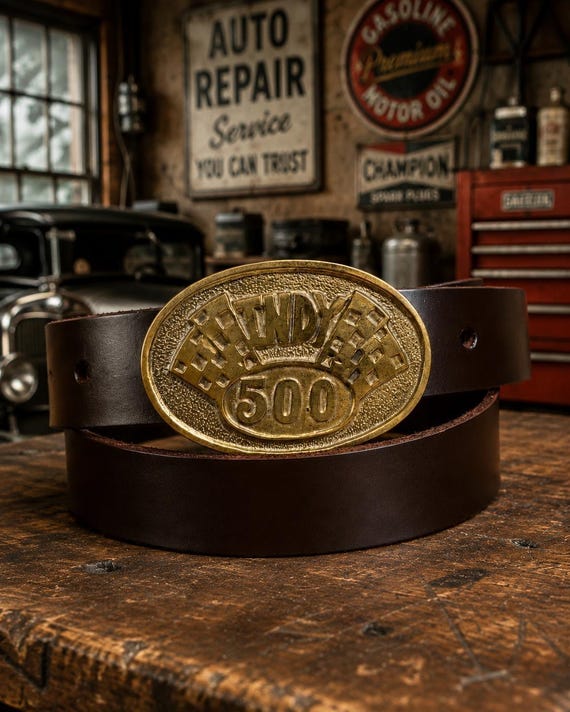 Vintage Indy 500 Solid Brass Belt Buckle with Handmade Genuine Leather Belt | Indianapolis Racing Collectible | Custom Size & Leather Color