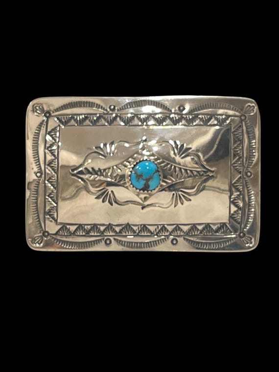 Southwestern Turquoise Nickel Silver Belt Buckle Signed “Little CR” Genuine Navajo  Buckle with Custom Genuine Leather Belt