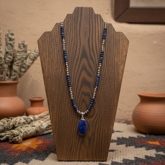 Lapis Pendant Necklace | Sterling Silver Navajo Pearl Necklace | 22” Southwestern Statement Jewelry