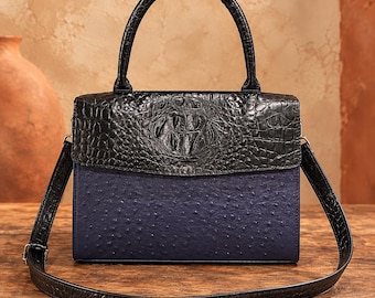 Purple Alligator & Ostrich Leather Handbag, Structured Top Handle Satchel with Adjustable Shoulder Strap
