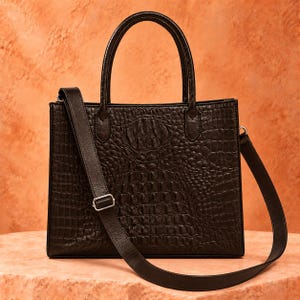 May include: A dark brown structured handbag featuring a prominent crocodile skin texture pattern. The bag includes two top handles, a detachable adjustable shoulder strap with a silver-toned metal buckle, and a rectangular silhouette.