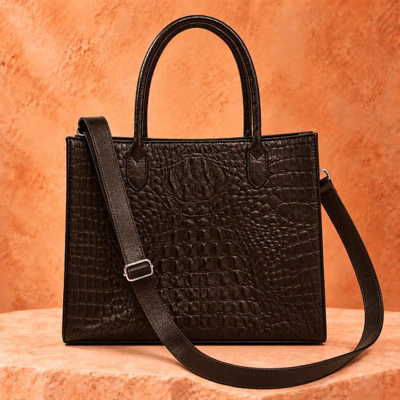 Genuine American Alligator Leather Crossbody Satchel, Havana Brown | Luxury Structured Handbag | Handmade Alligator Purse - 13 "