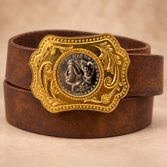 1901 Coin Buckle with Custom Genuine Leather Belt, Western Cowboy Belt
