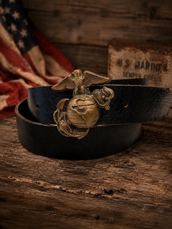 Vintage USMC Belt Buckle with Handmade Leather Belt | United States Marine Corps Belt | Military Veteran Gift for Men