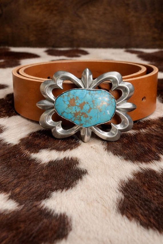 Vintage Sterling Silver Turquoise Belt Buckle with Custom Leather Belt – Handmade Southwestern Buckle